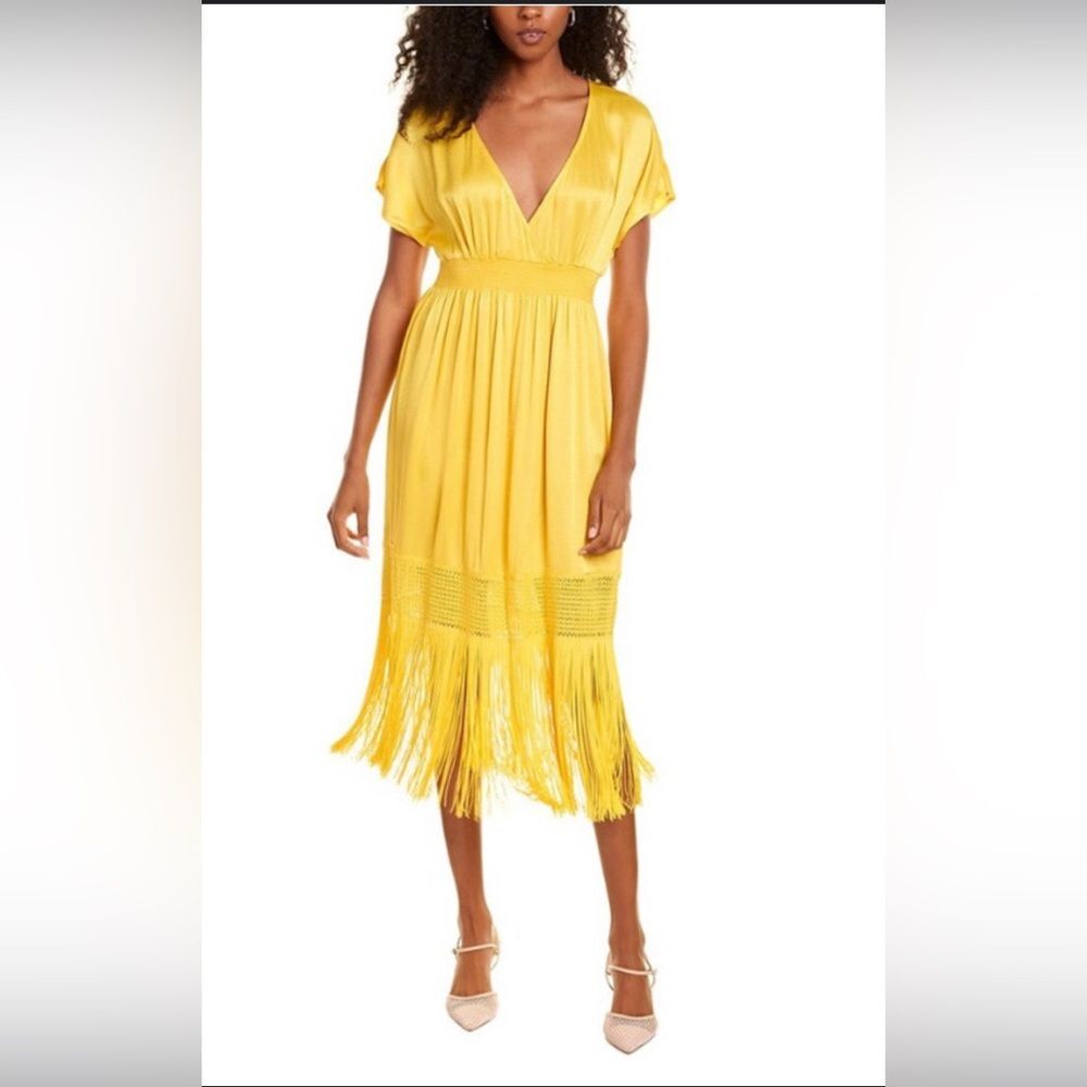 NWT Trina Turk Pastel Fringe-Hem Midi Surplice Dress Womenโs Size 4